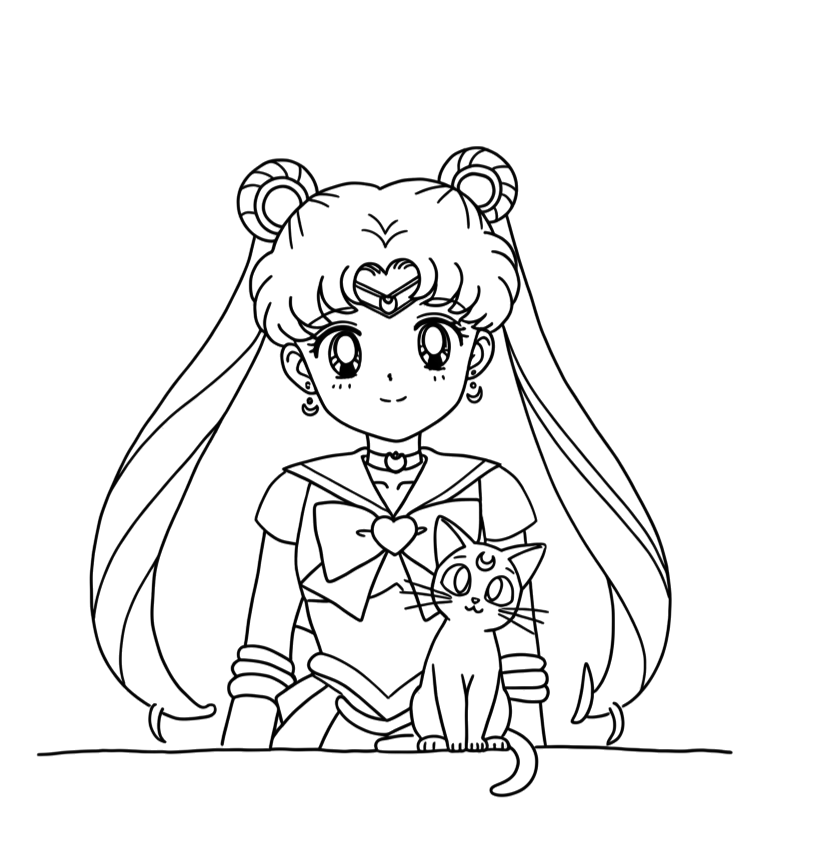 Sailor Moon com a Luna aos seus pés para colorir