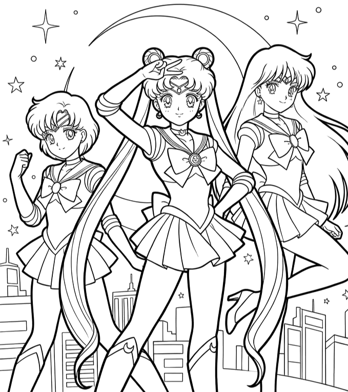 Sailor Moon com as amigas na cidade para colorir