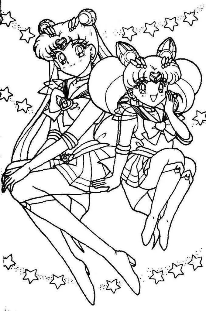 Sailor Moon e Chibi Moon entre estrelas para colorir