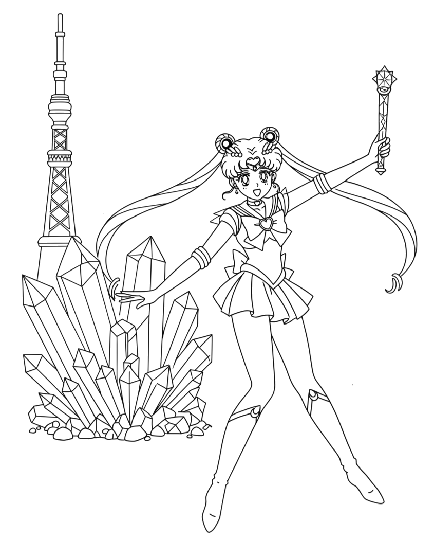Sailor Moon segurando o cetro lunar com cristais para colorir