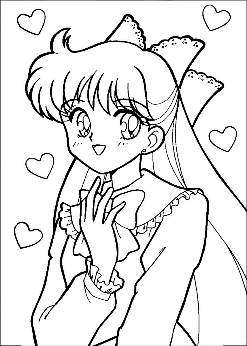 Sailor Vênus com as mãos juntas e corações para colorir