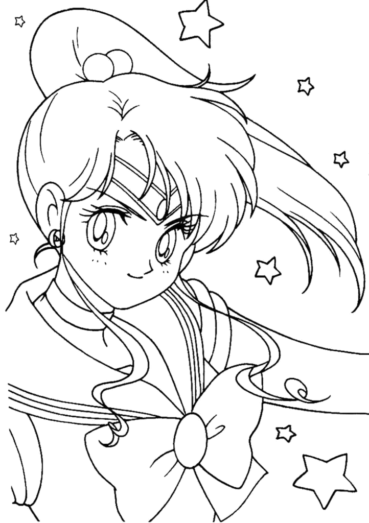 Sailor Vênus de pertinho com laço no cabelo para colorir