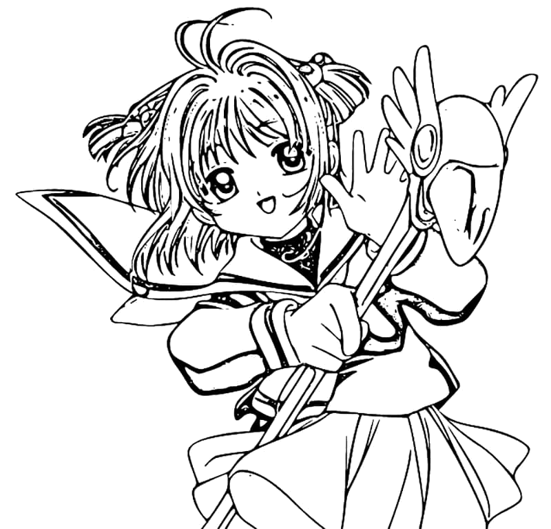 Sakura acenando com o báculo nas costas para colorir