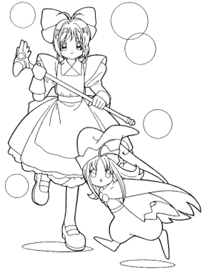 Sakura dançando com Kero para colorir
