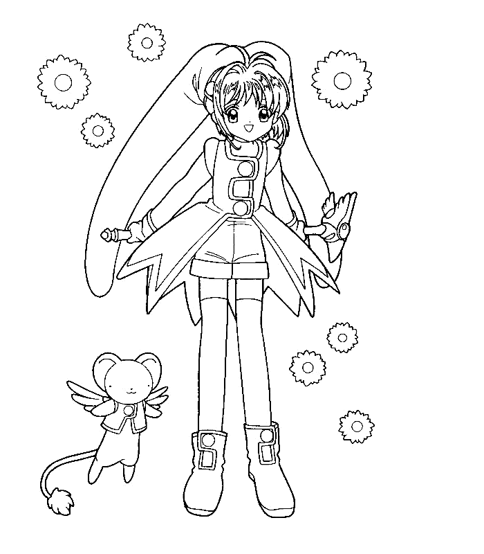Sakura de uniforme de batalha com Kero para colorir