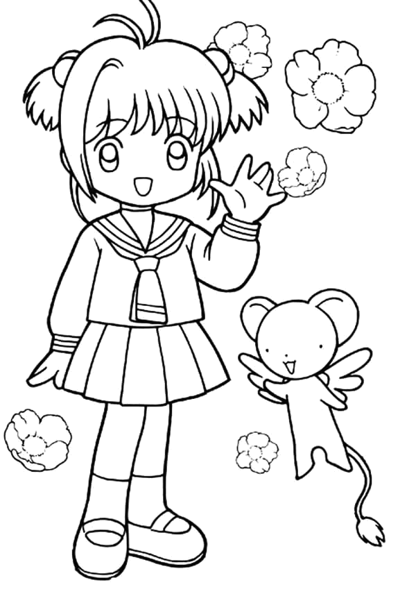 Sakura de uniforme escolar com Kero e flores para colorir