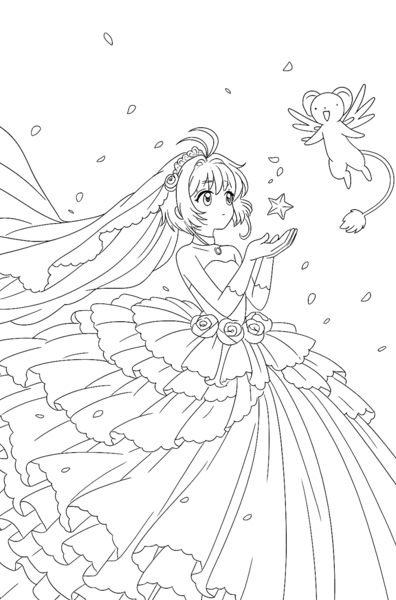 Sakura de vestido de gala com Kero entre pétalas para colorir