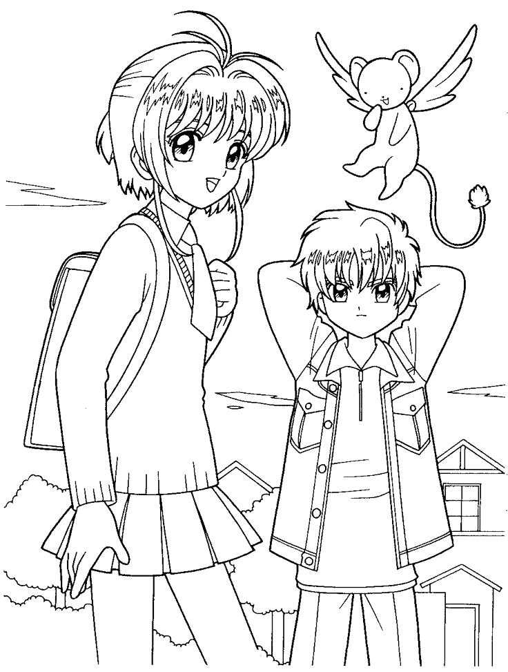Sakura e Syaoran com Kero voando para colorir