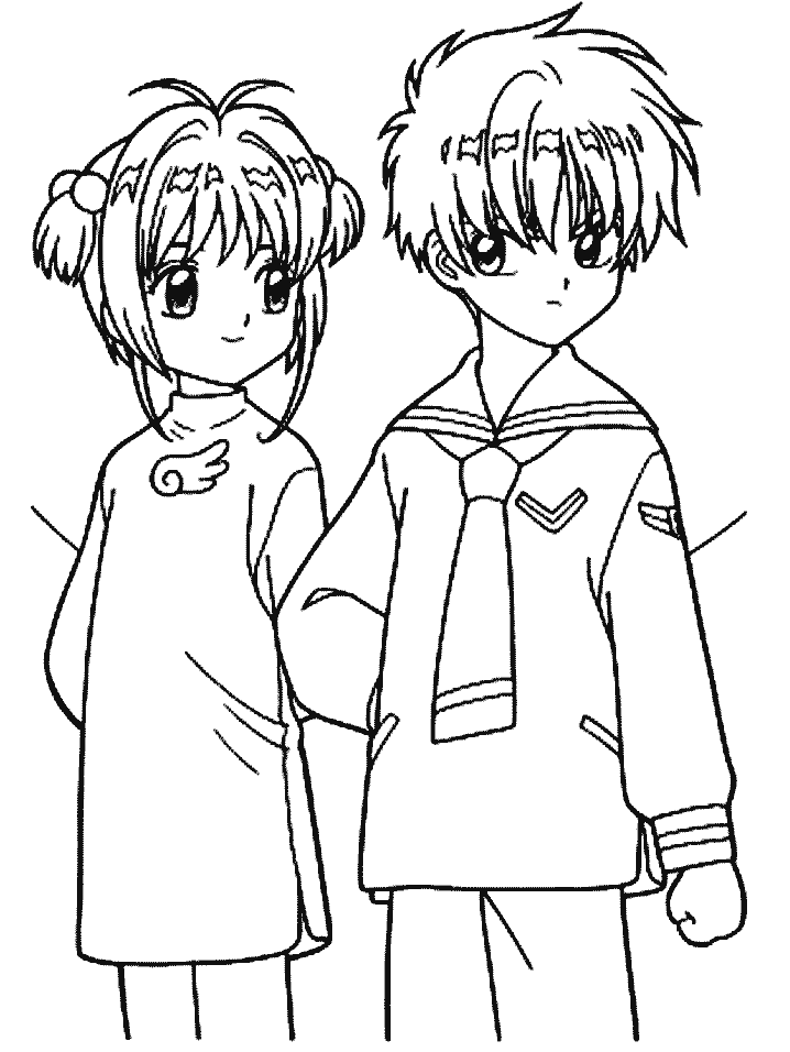 Sakura e Syaoran de uniforme escolar para colorir