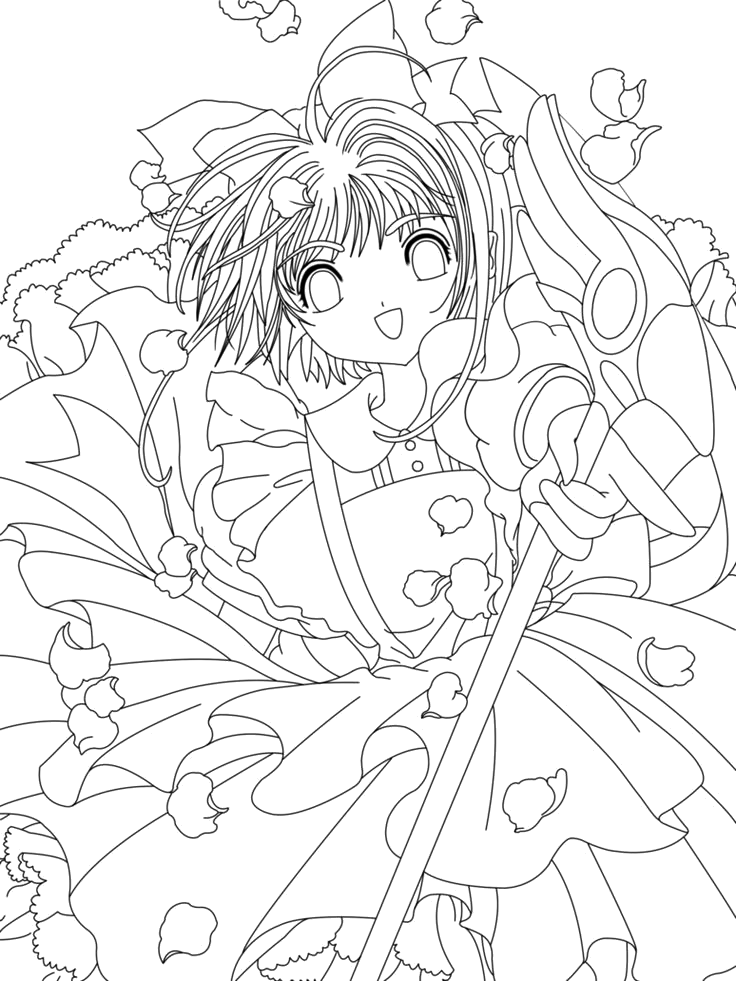 Sakura entre flores de cerejeira para colorir