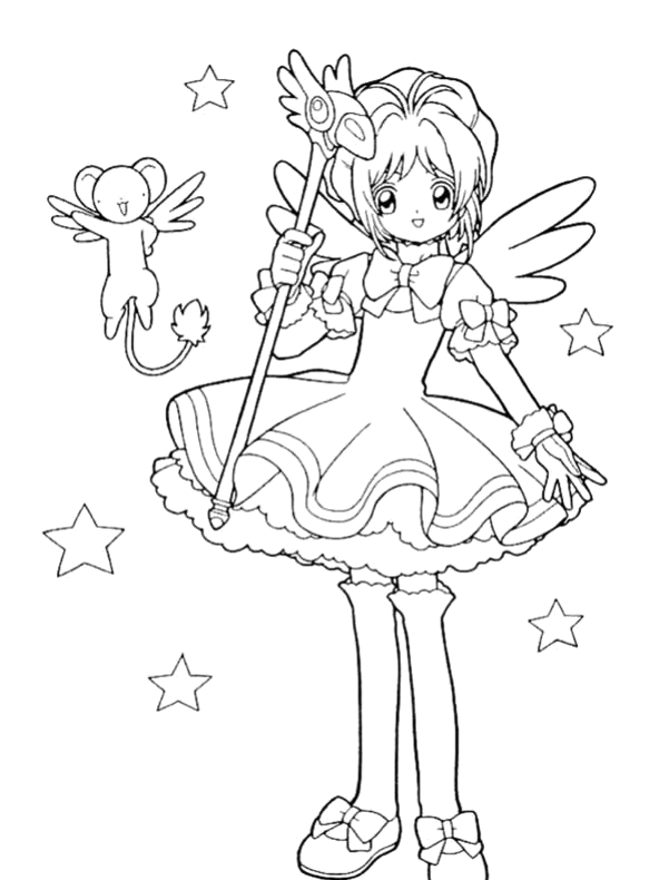 Sakura fantasiada de fada com Kero para colorir