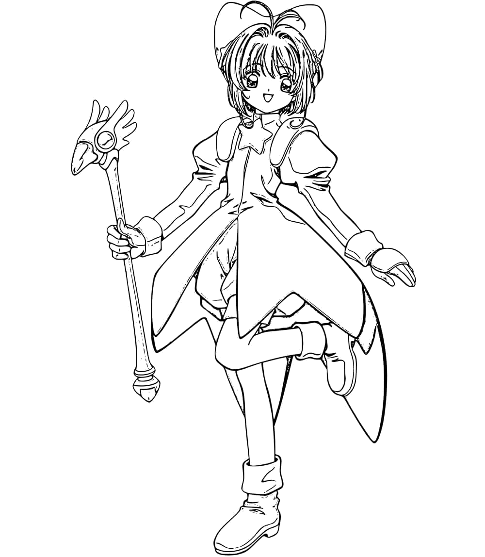 Sakura fantasiada de guerreira segurando o báculo para colorir