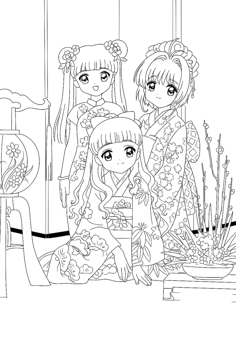 Sakura, Tomoyo e Kero na janela para colorir