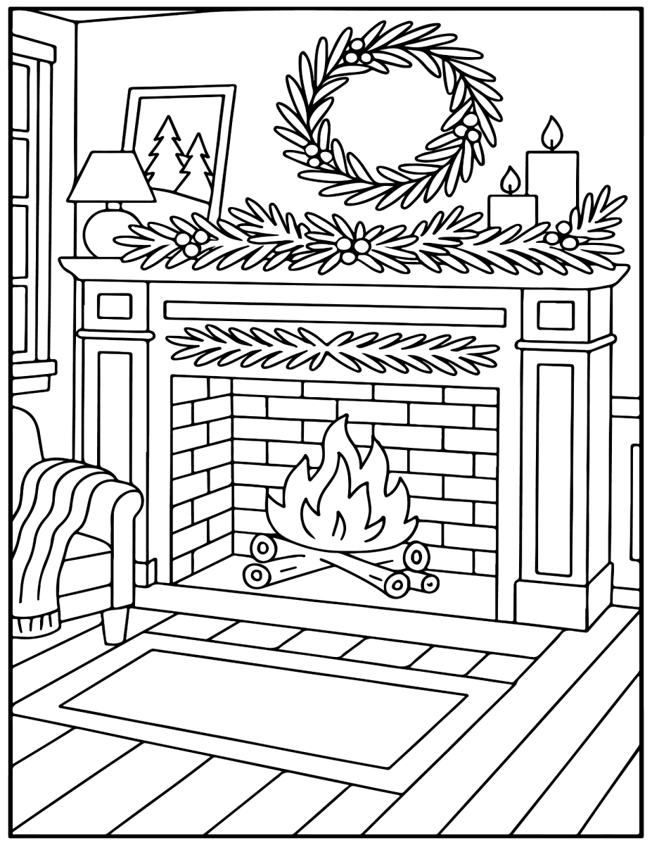 Sala de Natal com lareira, guirlanda e velas para colorir