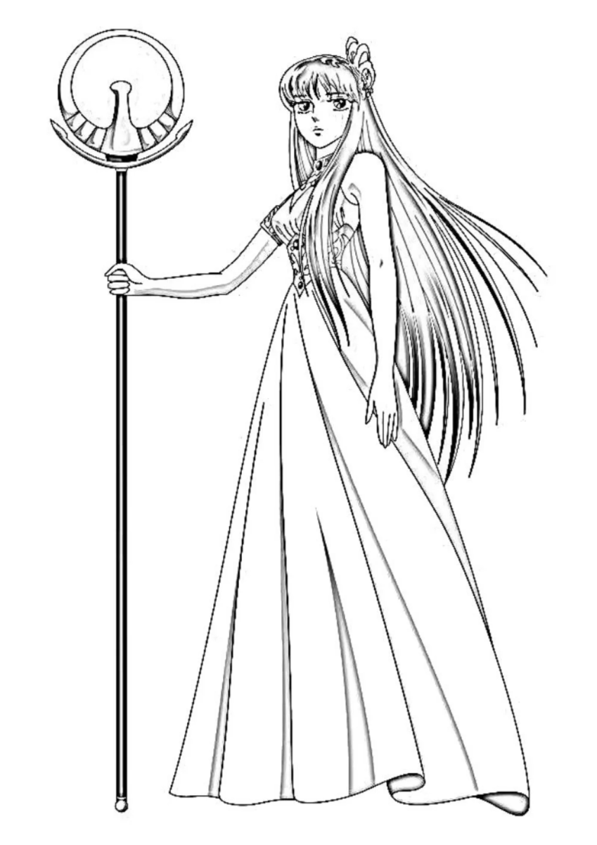 Saori Kido como a deusa Atena segurando o cetro para colorir