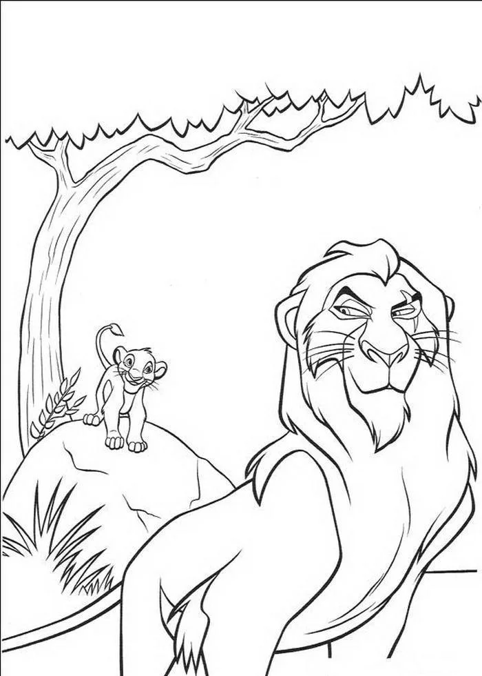 Scar e Simba filhote sob a árvore para colorir
