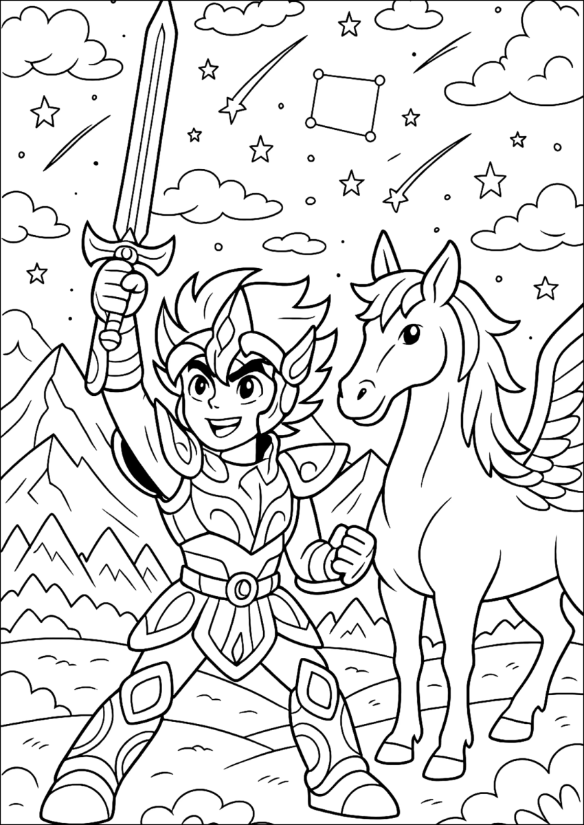 Seiya com espada e o cavalo Pégaso sob as estrelas para colorir