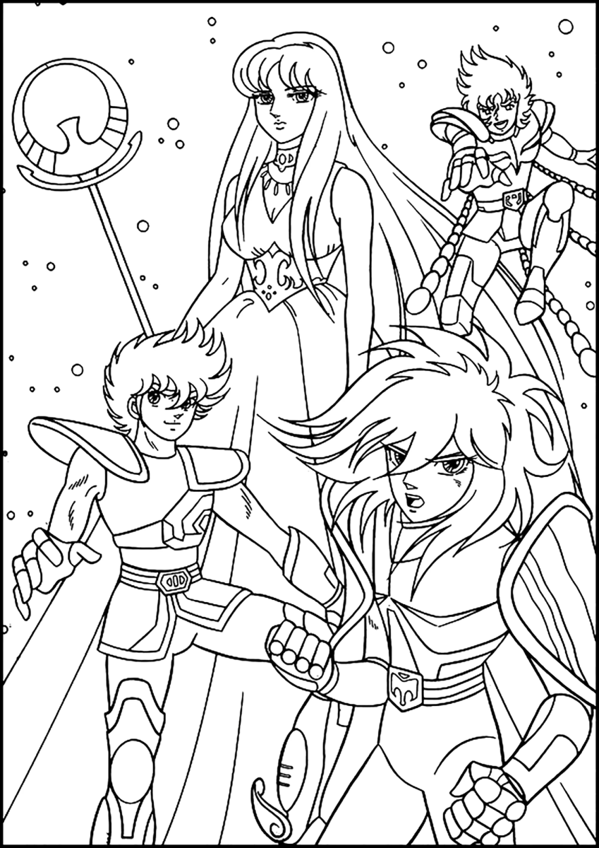 Seiya e os Cavaleiros de Bronze reunidos com Atena para colorir