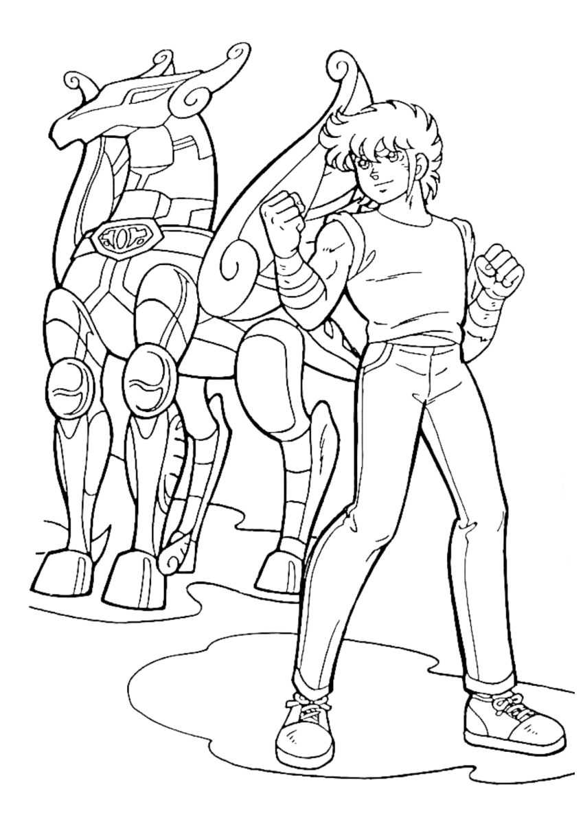 Seiya treinando ao lado da armadura de Pégaso para colorir