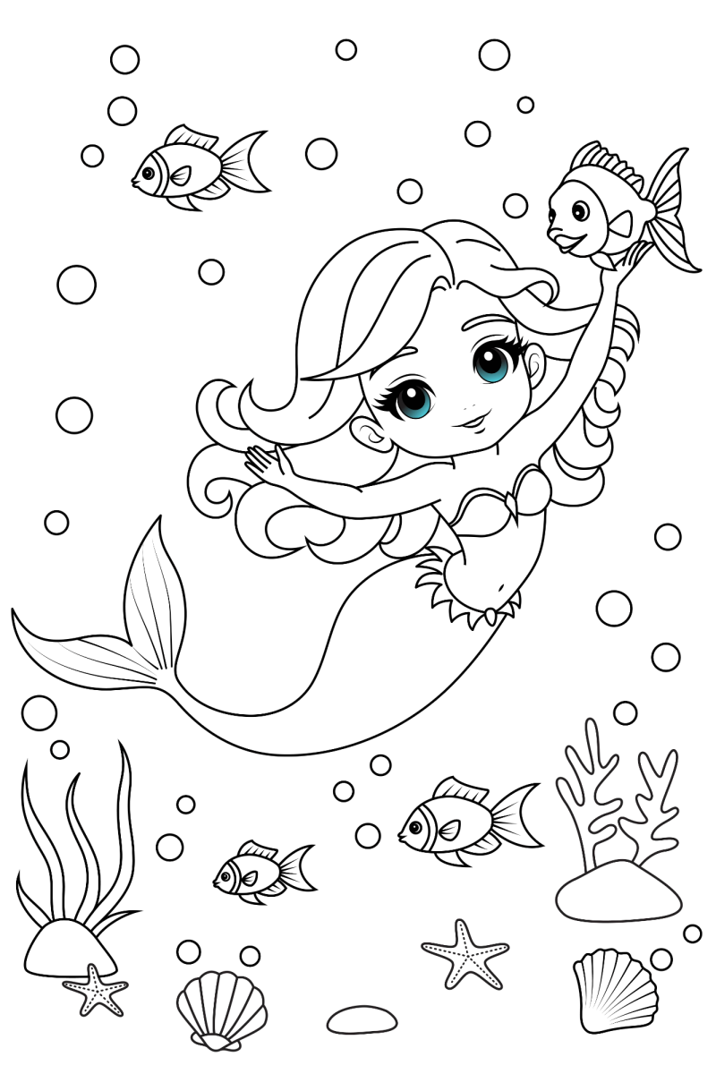 Sereia acenando no recife de corais para colorir