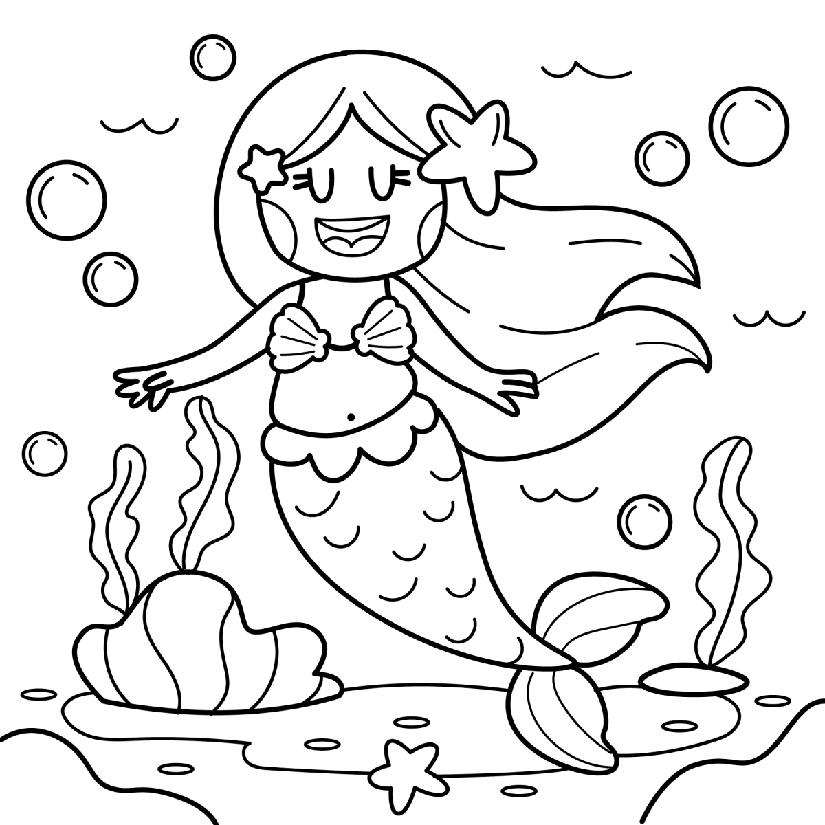 Sereia alegre com pérola e conchas para colorir