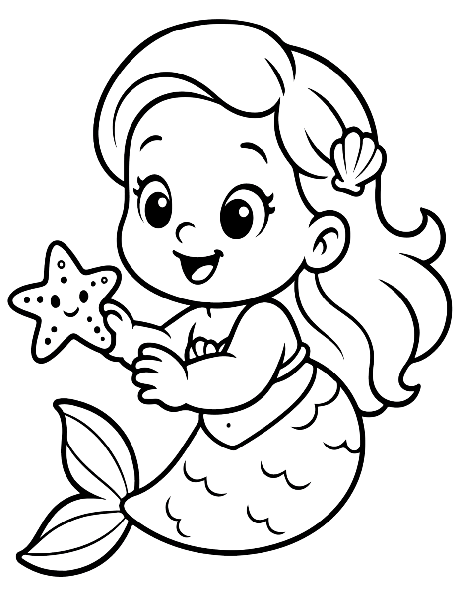 Sereia bebê com estrela-do-mar para colorir