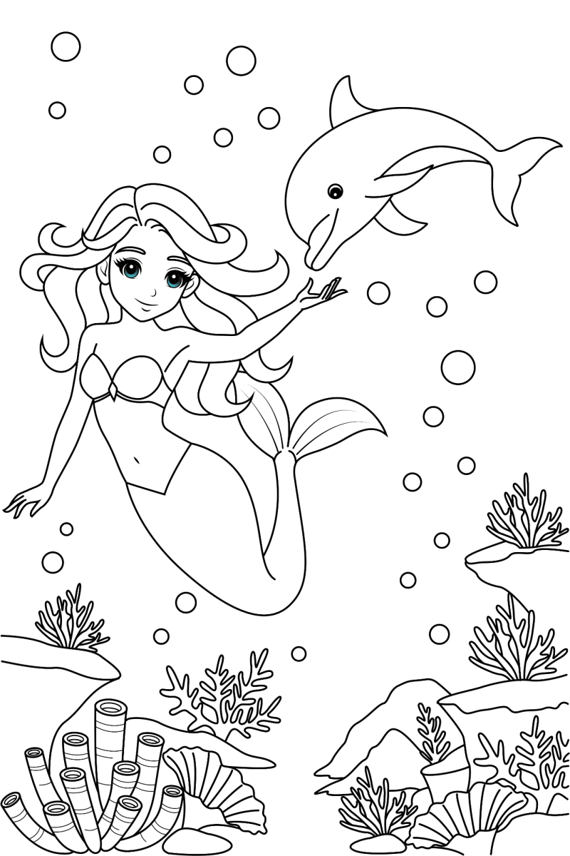 Sereia brincando com golfinho para colorir
