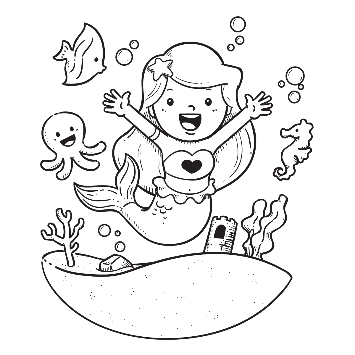 Sereia com polvo e peixes no barco afundado para colorir