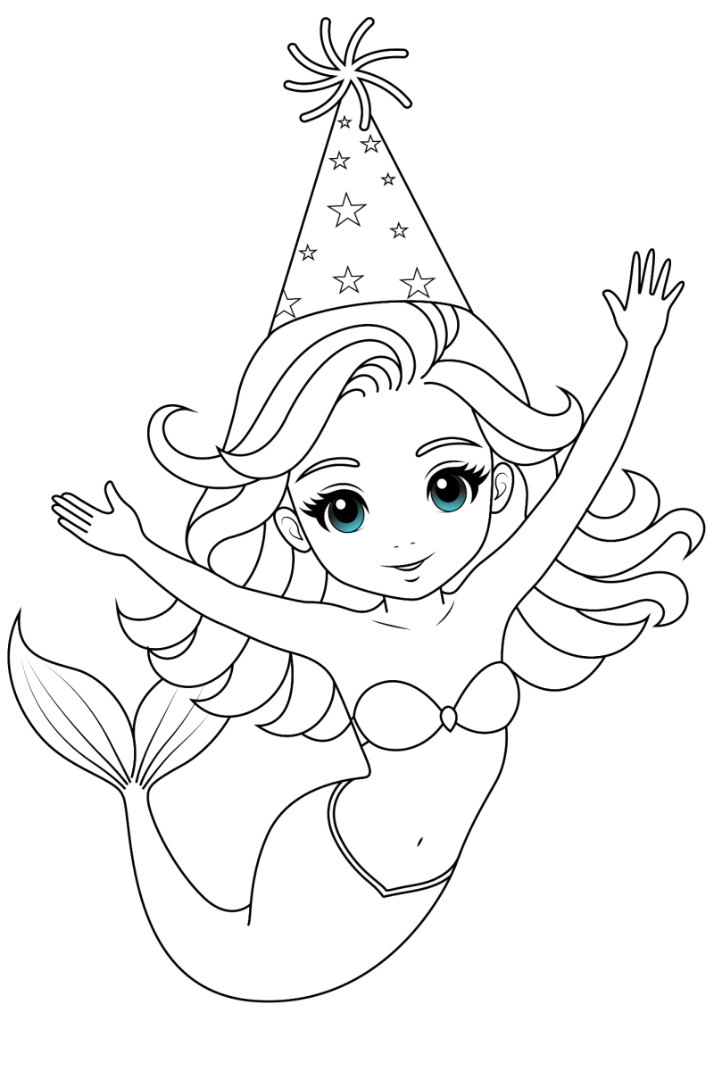 Sereia de chapéu de festa comemorando para colorir