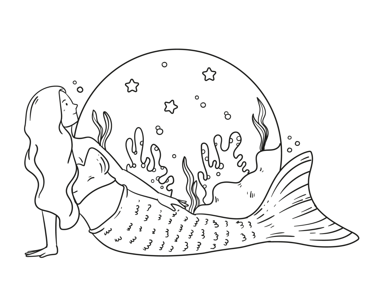 Sereia deitada sorrindo no fundo do mar para colorir