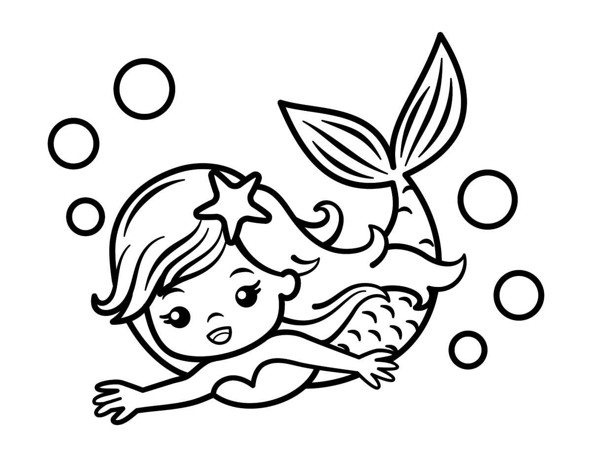 Sereia e peixe-palhaço entre as bolhas para colorir