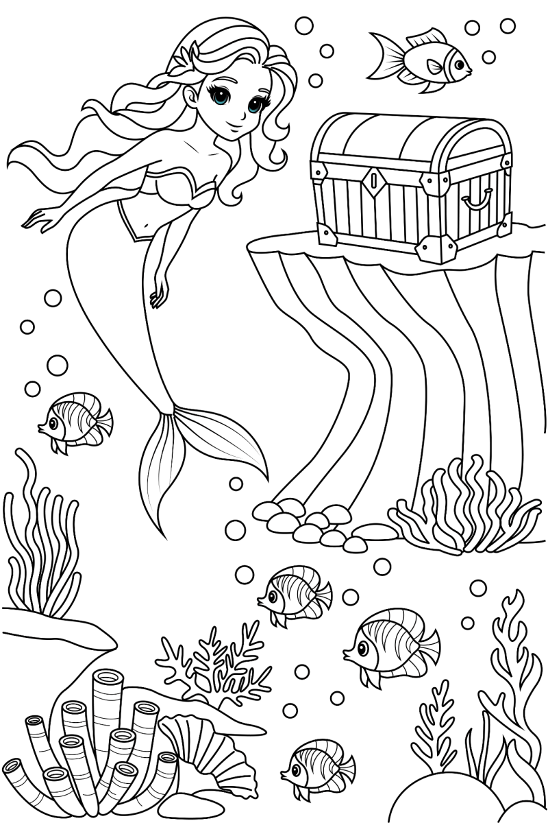 Sereia encontrando o baú do tesouro para colorir
