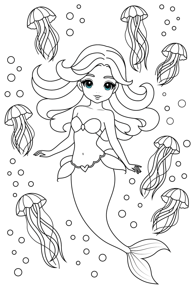 Sereia entre as águas-vivas para colorir
