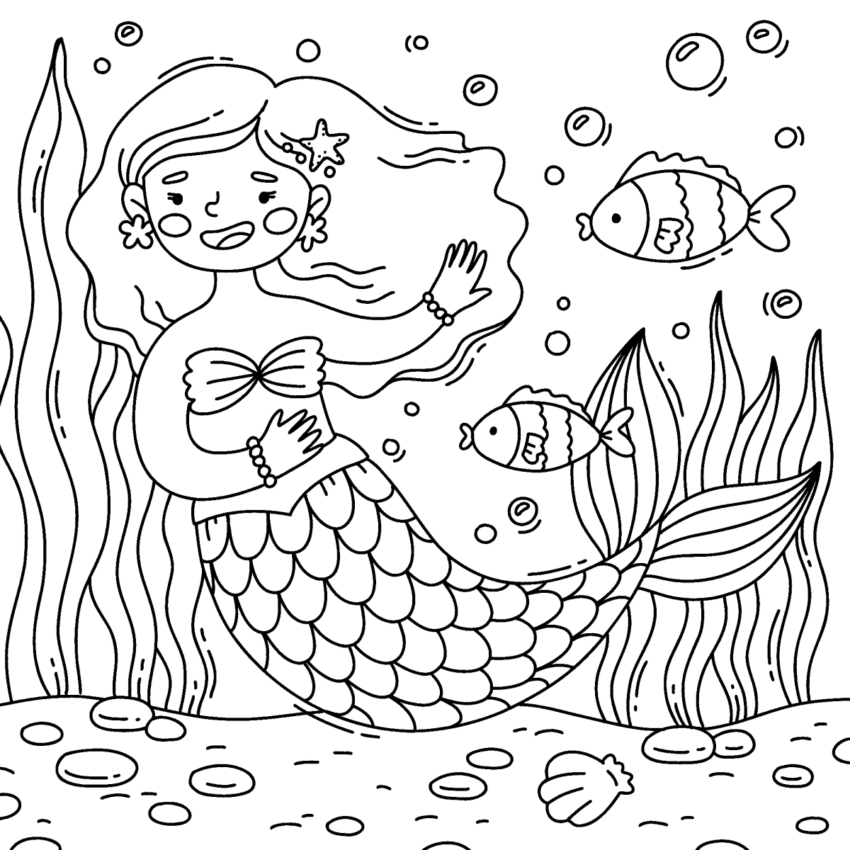 Sereia fazendo carinho num peixe para colorir