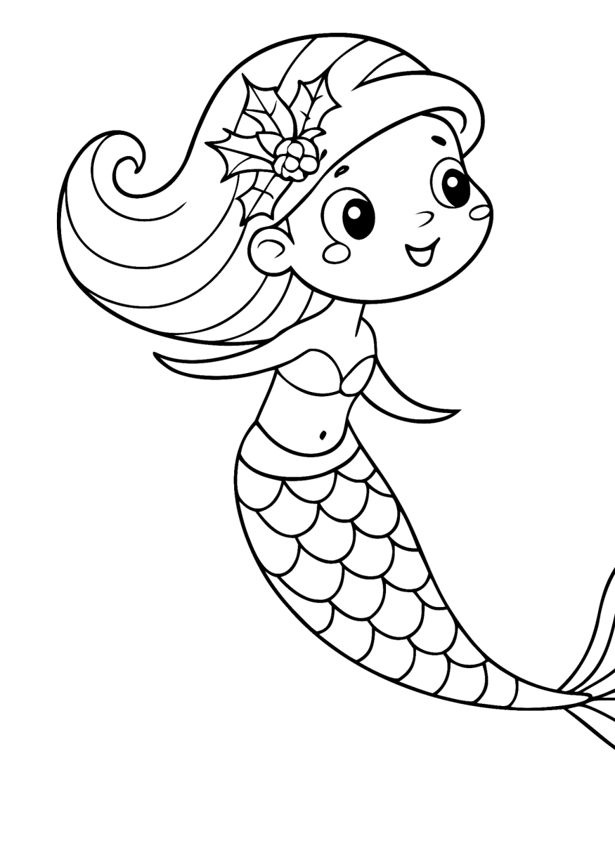 Sereia fofinha de cabelo com flor para colorir