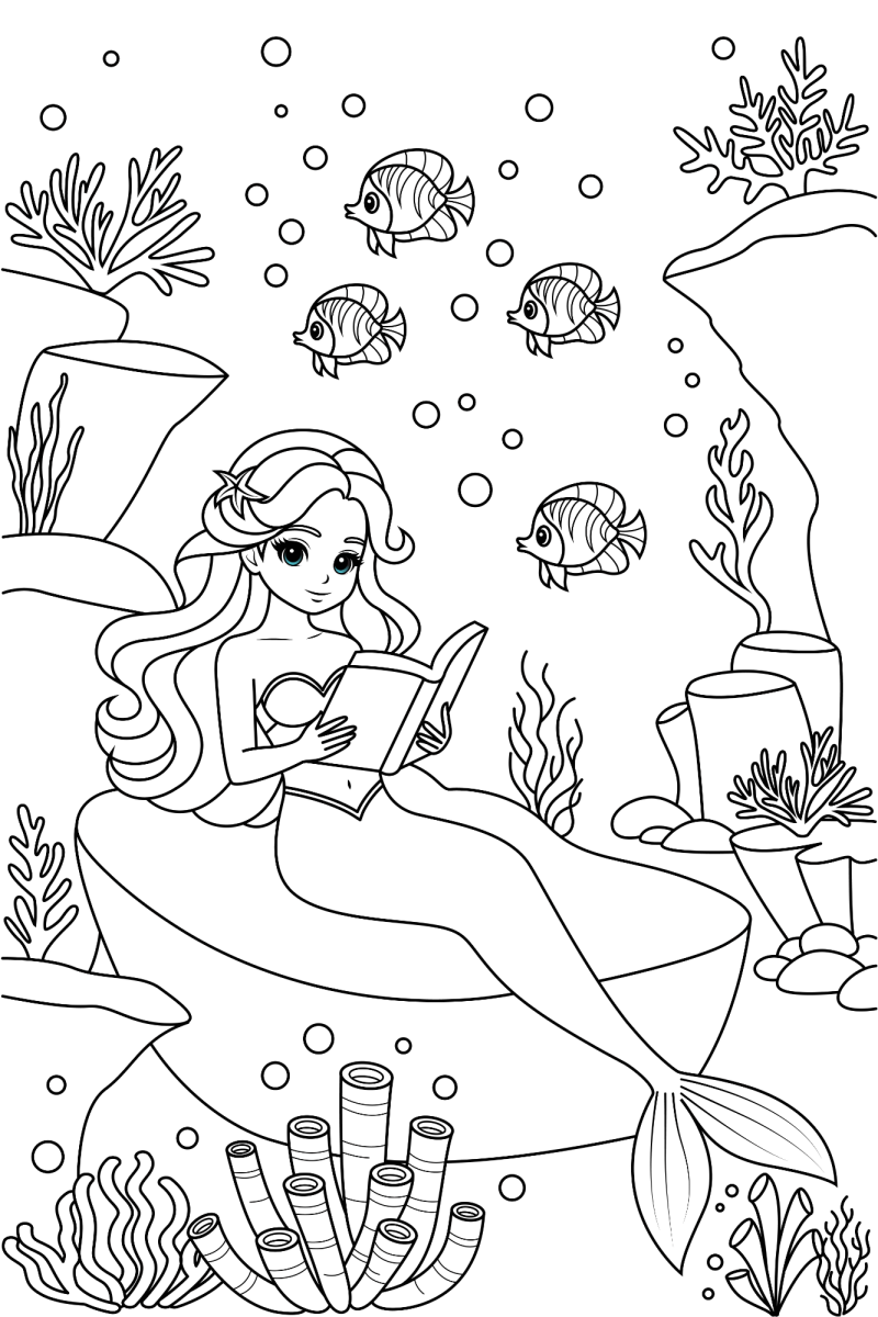 Sereia mergulhando com os peixinhos para colorir
