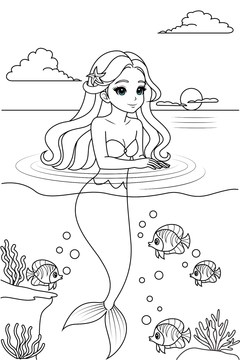 Sereia na superfície do mar ao pôr do sol para colorir
