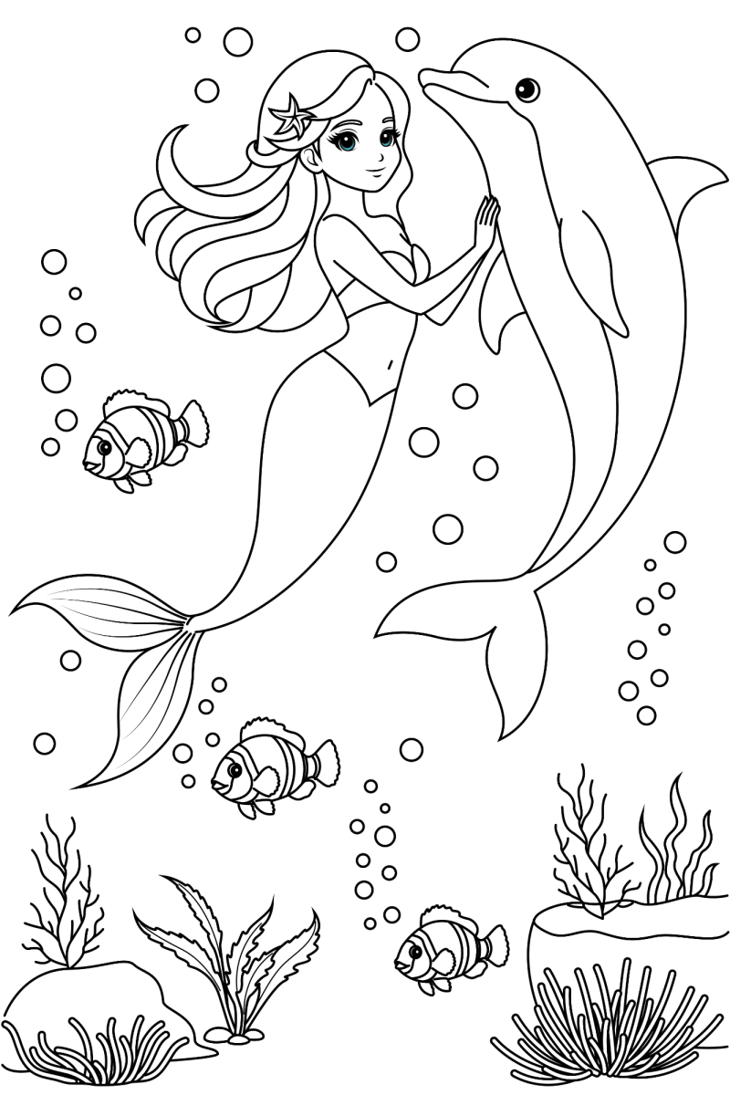 Sereia nadando ao lado do golfinho para colorir