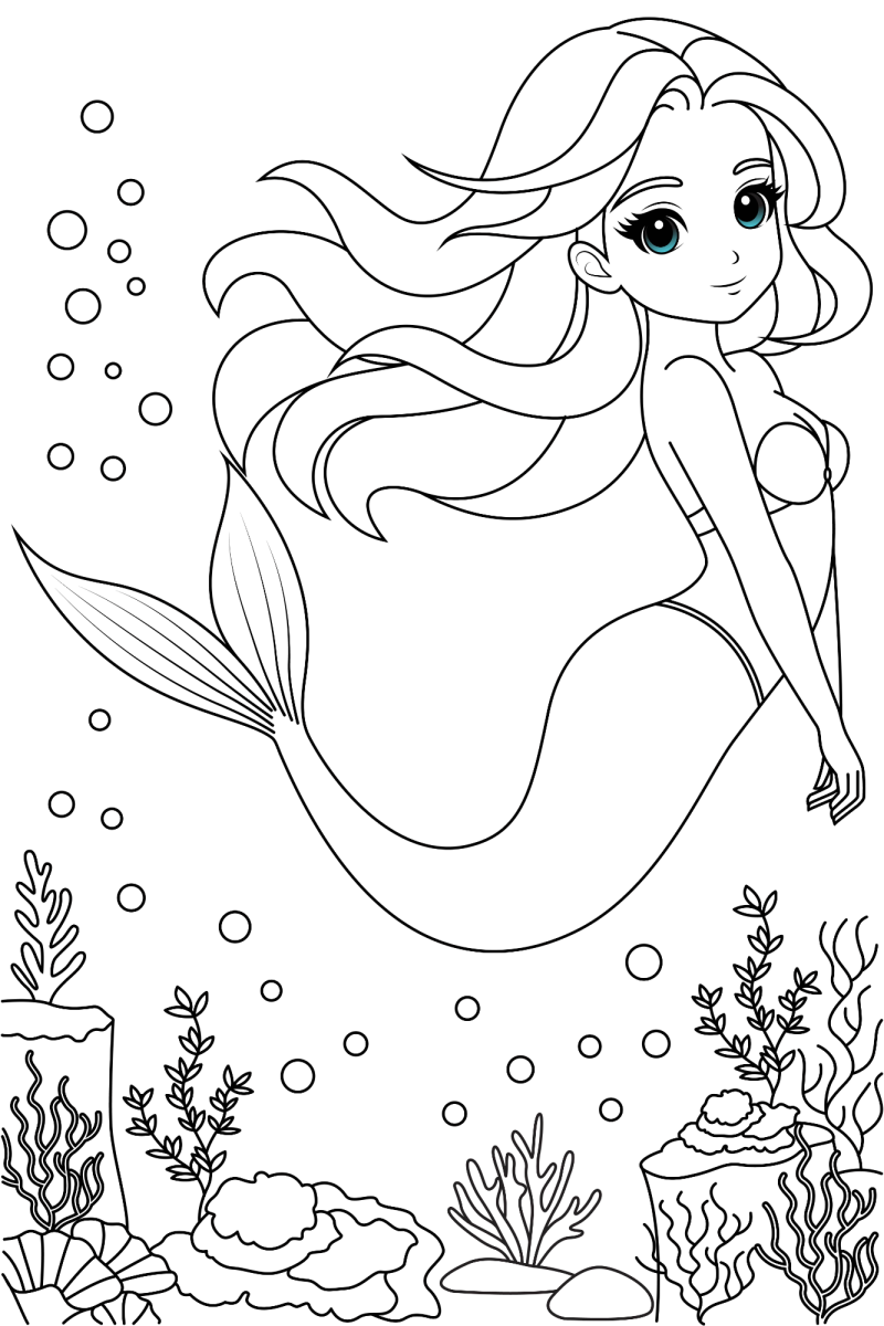 Sereia nadando entre as bolhas para colorir