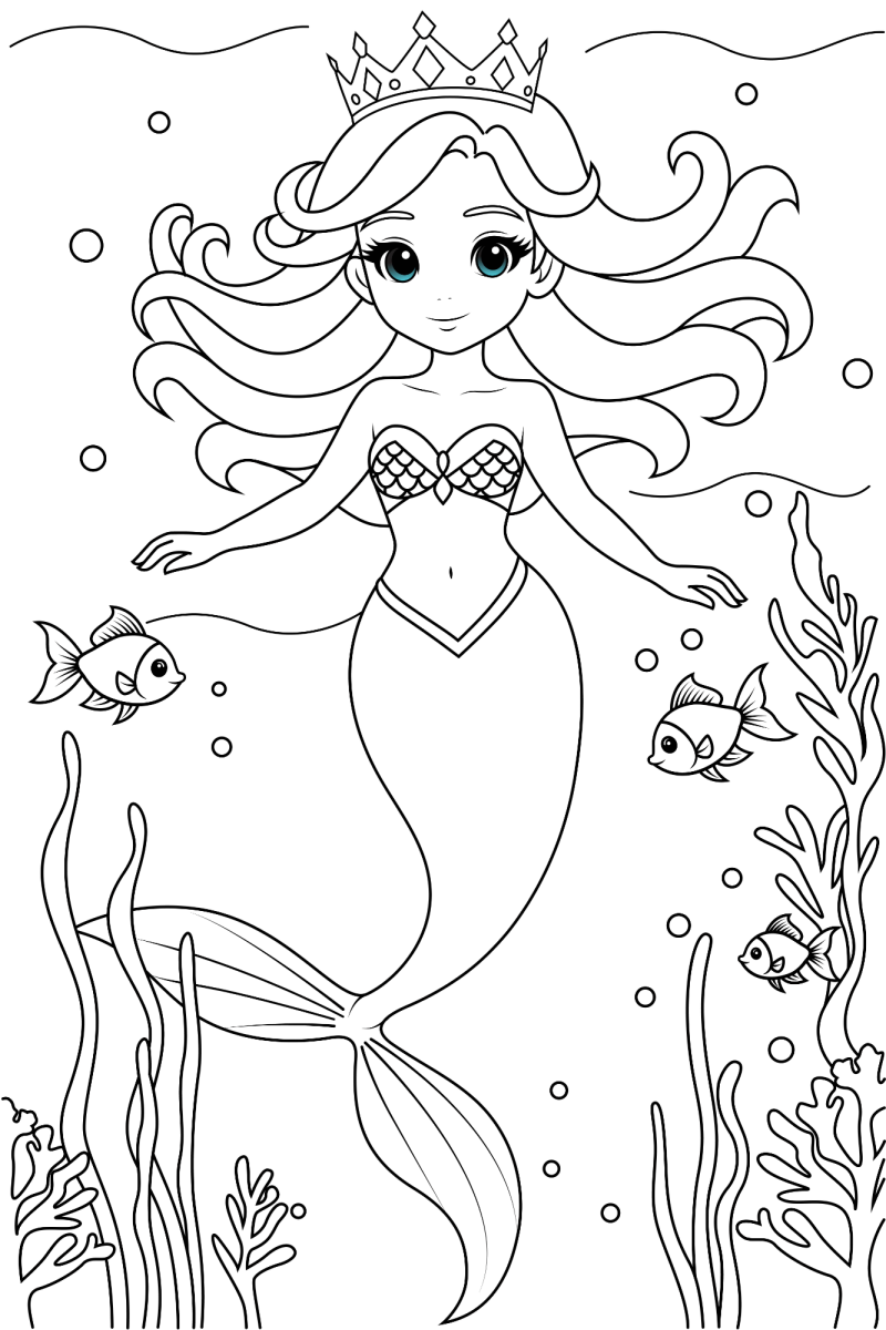 Sereia princesa com coroa e peixinhos para colorir