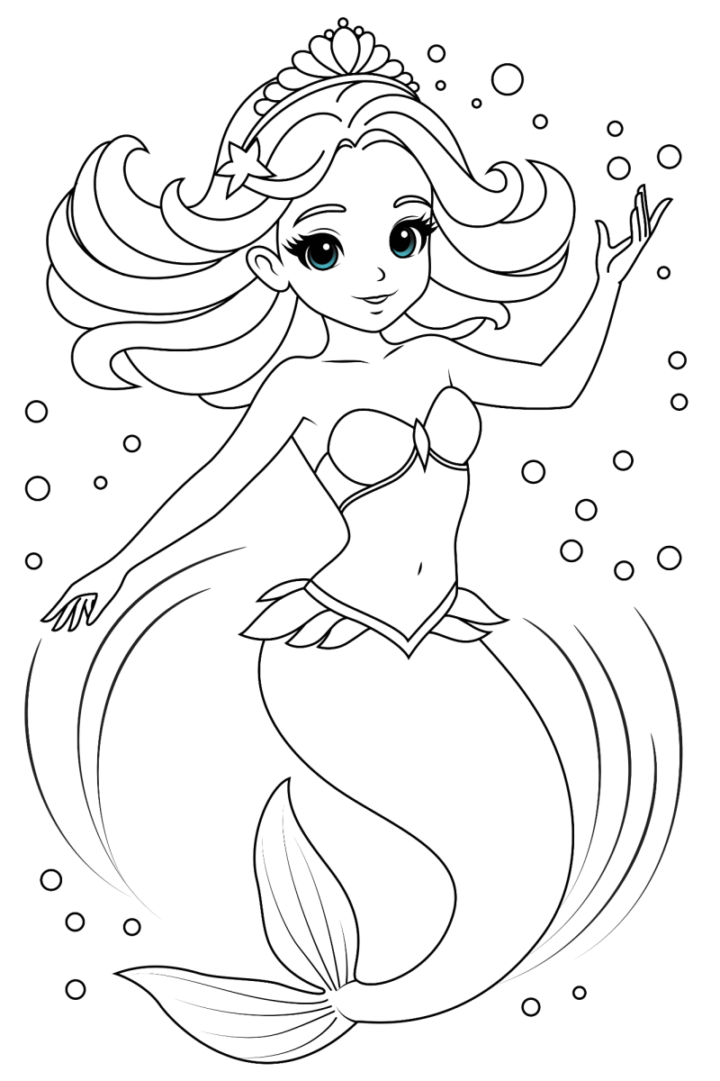 Sereia princesa sentada na pedra com bolhas para colorir