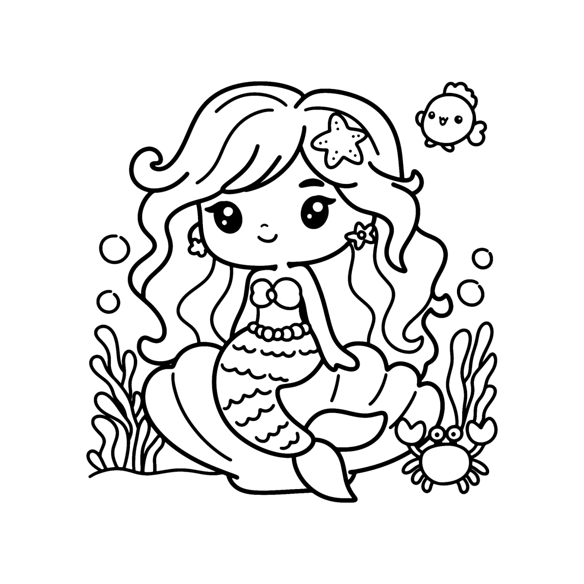 Sereia sentada entre conchas e bolhas para colorir