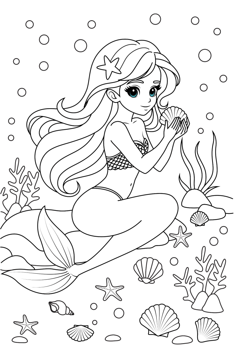 Sereia sonhadora entre as estrelas-do-mar para colorir