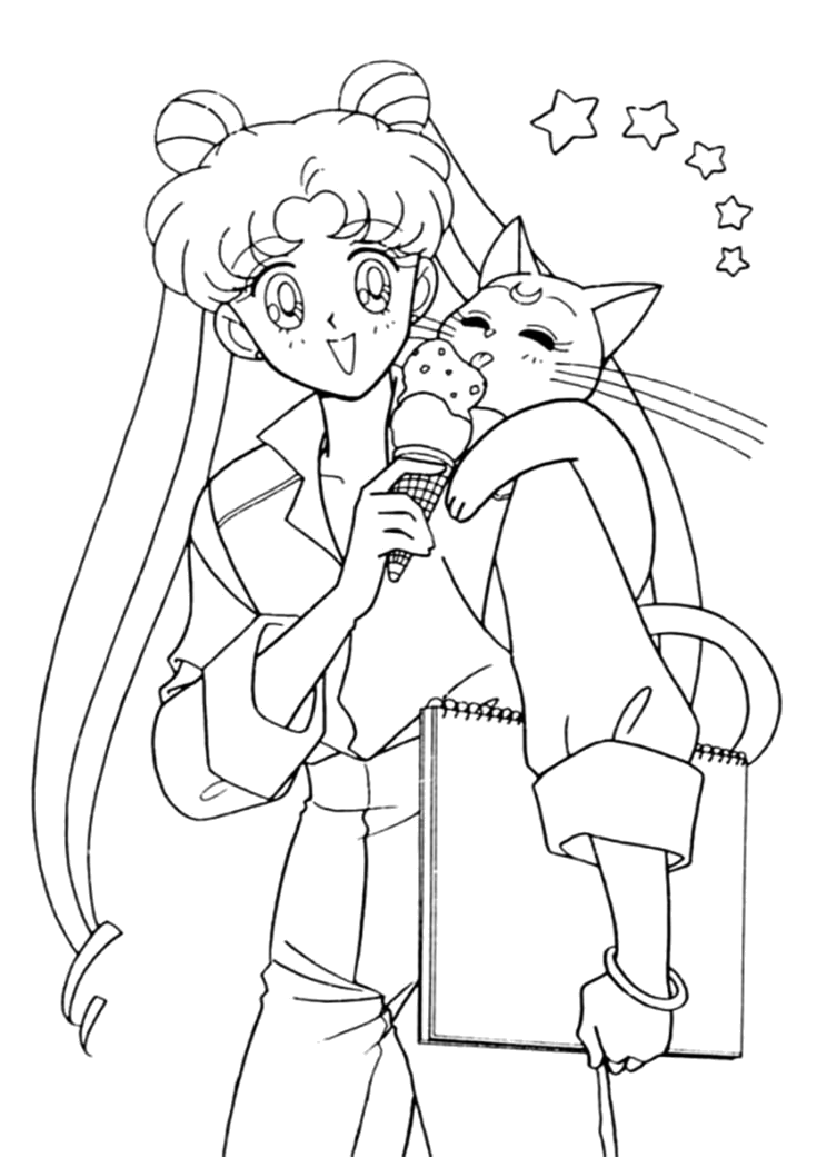 Serena abraçando a gatinha Luna para colorir