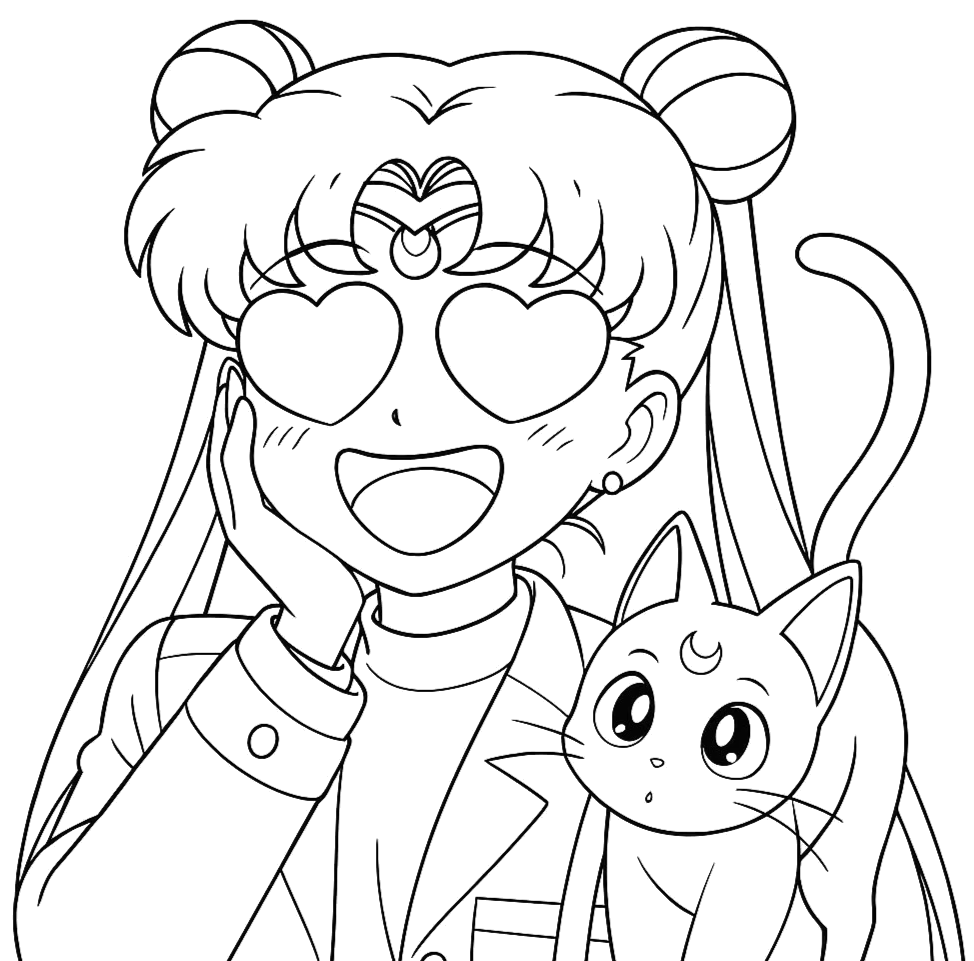 Serena de óculos de coração com o gato Artemis para colorir