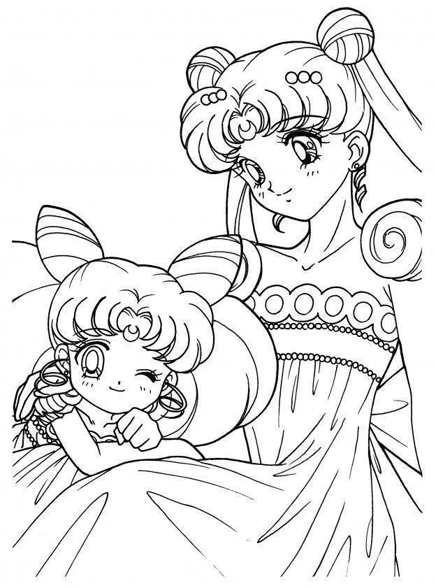Serena dormindo com Chibiusa e a Luna para colorir