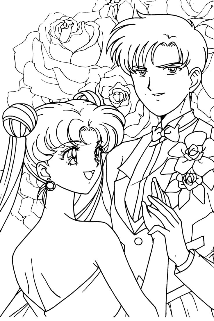 Serena e Mamoru com rosas para colorir