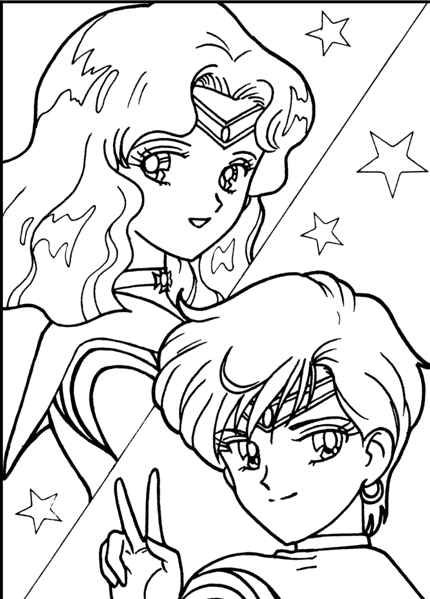 Serena e Tuxedo Mask lado a lado entre estrelas para colorir