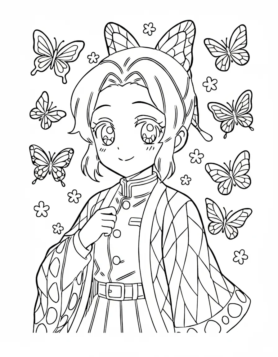 Shinobu Kocho entre borboletas para colorir