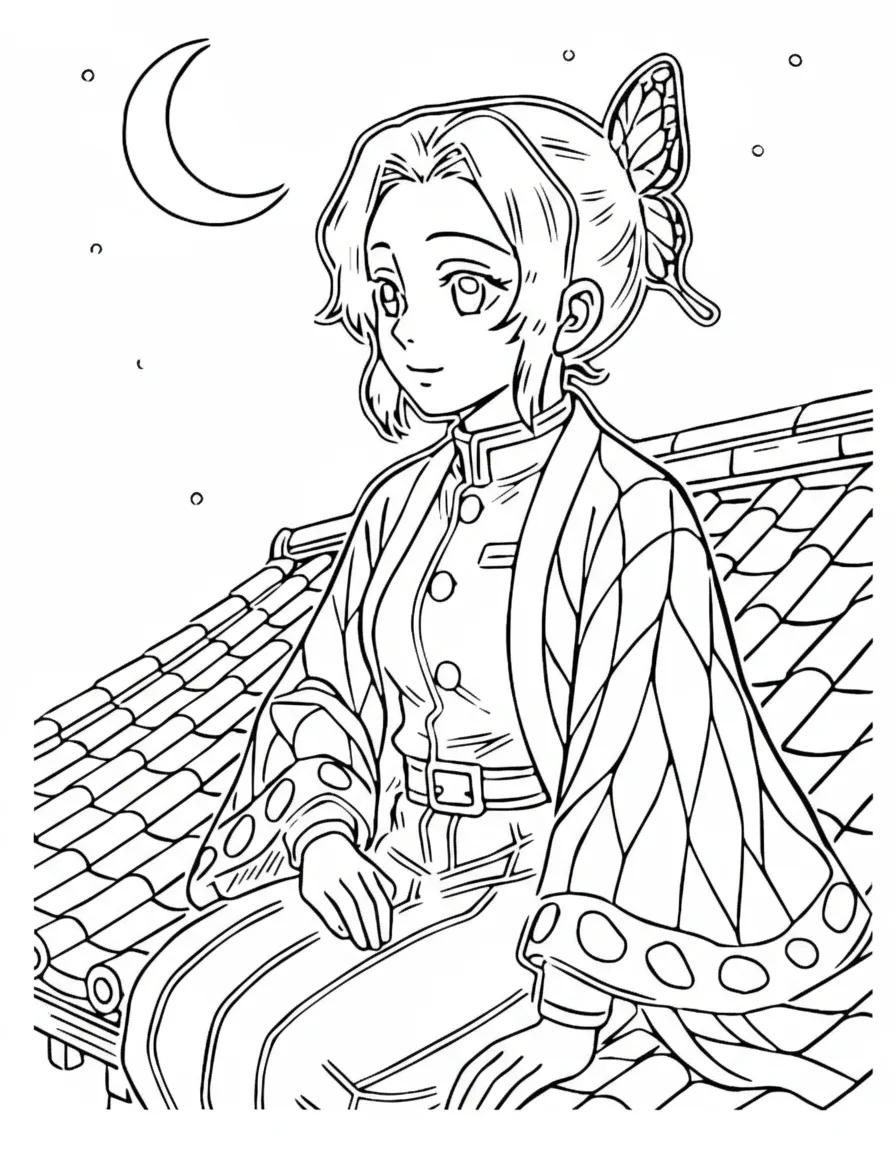 Shinobu no telhado sob a lua para colorir